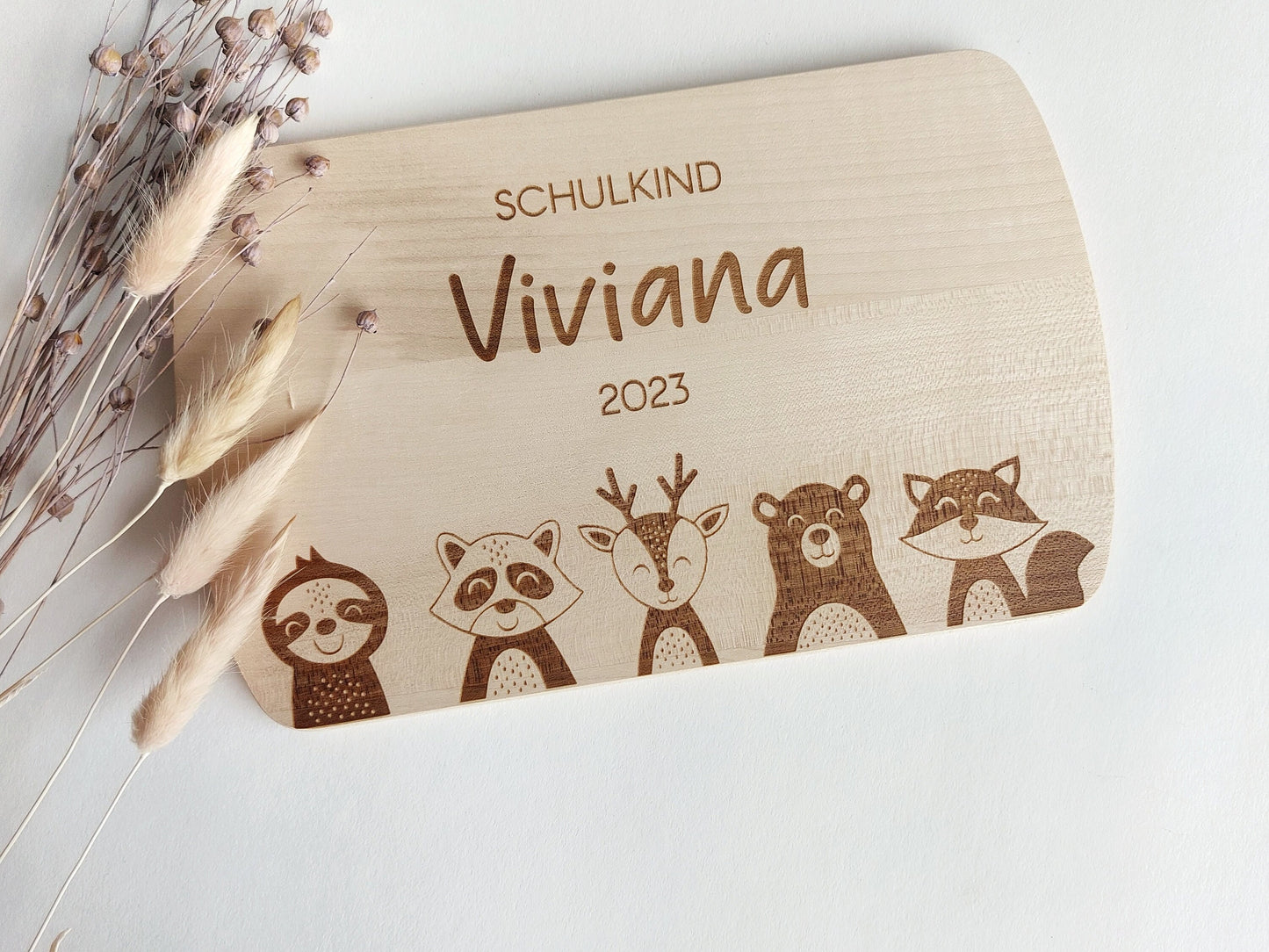Schuldkind Frühstücksbrettchen | 4 Tiermotive | Schulkind mit Name & Schuljahr Ahorn Kindergartenkind, personalisiertes Schneidebrett Essen