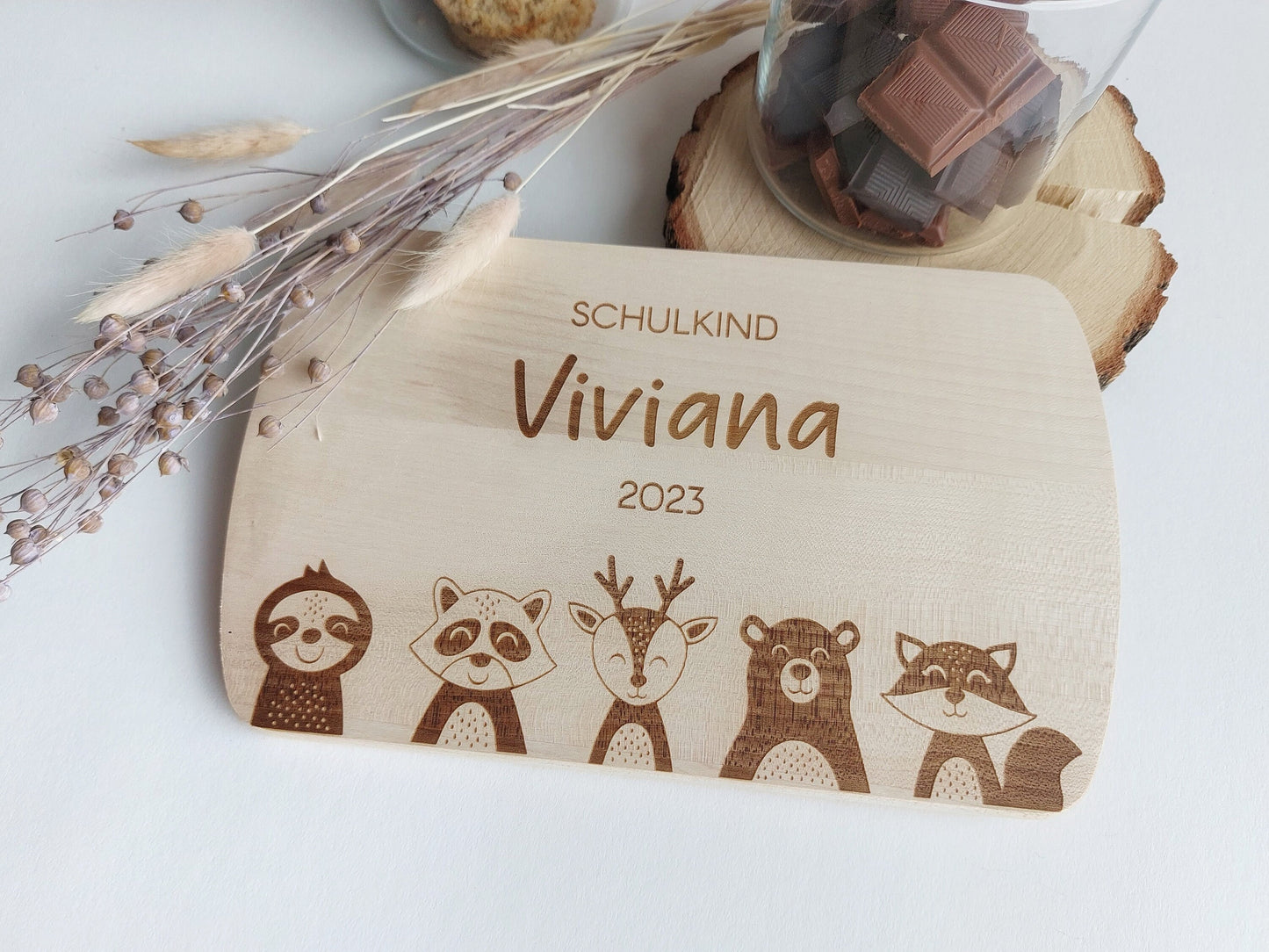 Schuldkind Frühstücksbrettchen | 4 Tiermotive | Schulkind mit Name & Schuljahr Ahorn Kindergartenkind, personalisiertes Schneidebrett Essen