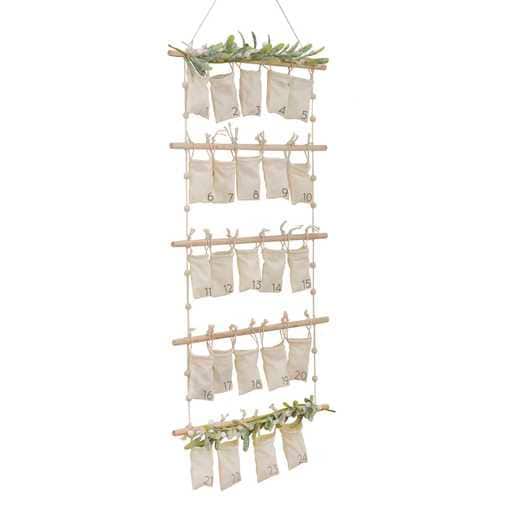 Stoff Adventskalender mit Winterranke | personalisiertem Weihnachts Holz Schild | Zum selbst Befüllen | 24 weiße Baumwoll Taschen 10x8cm