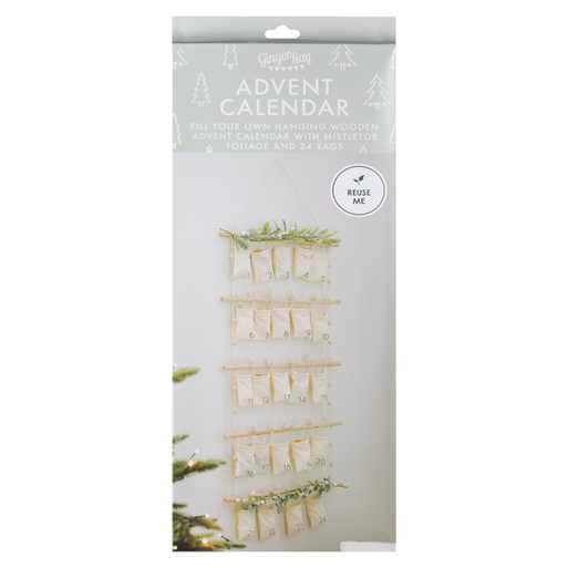 Stoff Adventskalender mit Winterranke | personalisiertem Weihnachts Holz Schild | Zum selbst Befüllen | 24 weiße Baumwoll Taschen 10x8cm