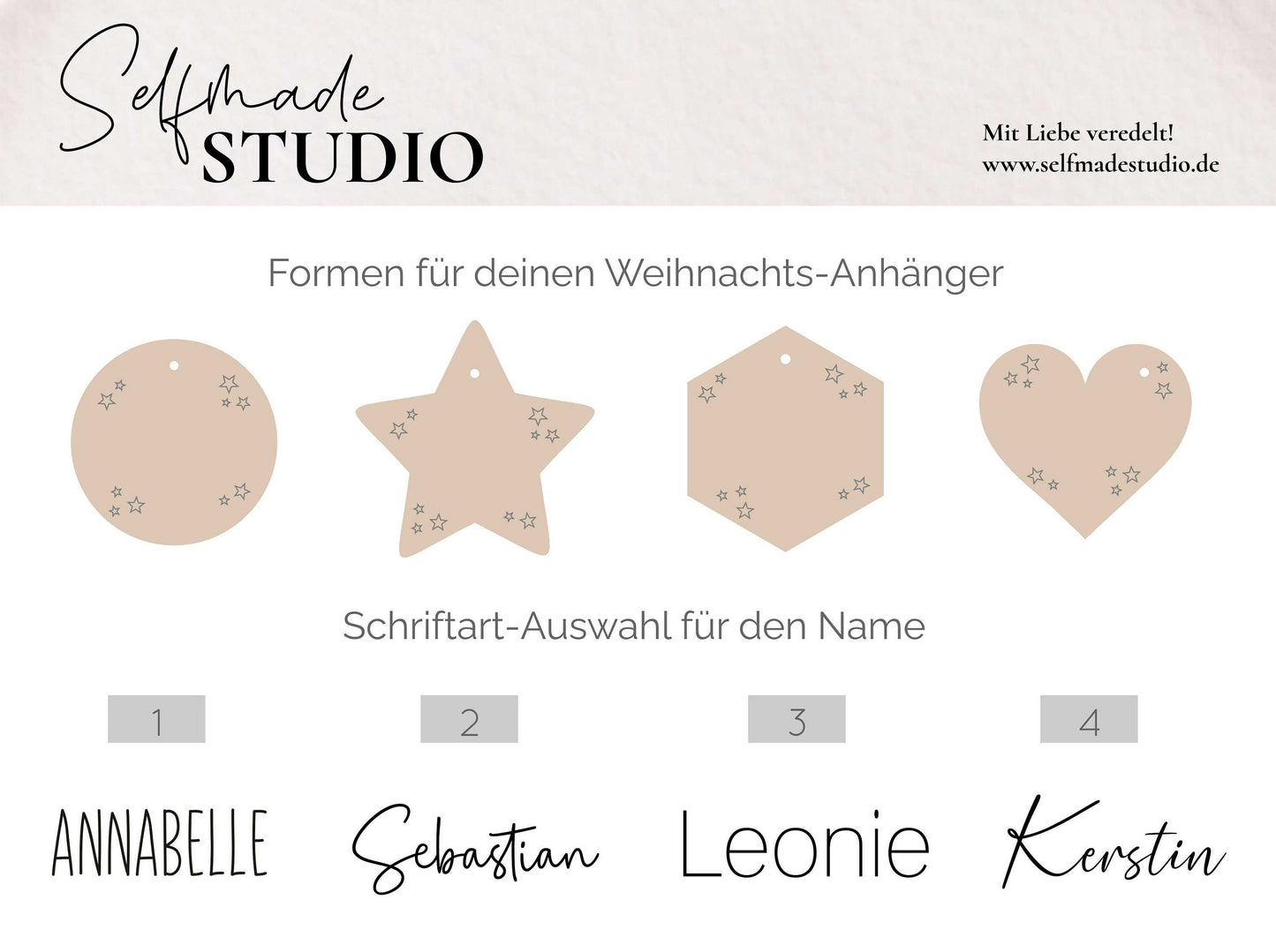 Nikolausstiefel mit Wunschnamen | Holz-Anhänger als Stern / Herz / Kreis | Jute Stiefel | Stiefel Weiß mit Tannenbäumen | Geschenkanhänger