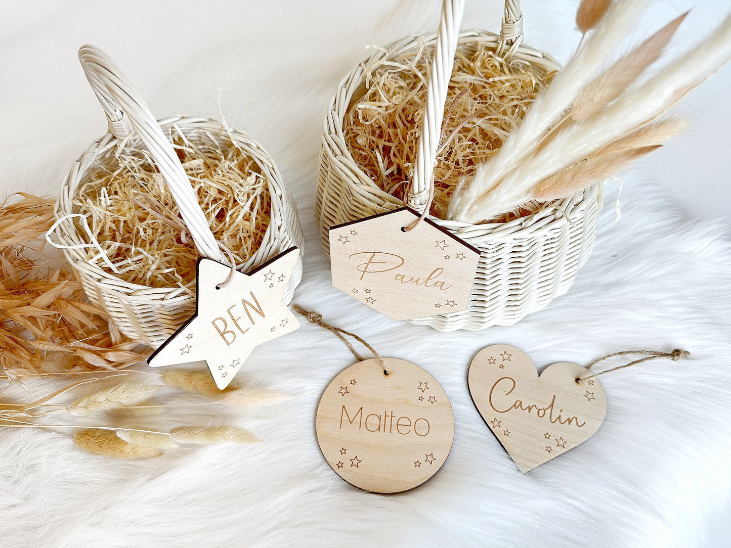 Korb mit Wunschnamen Anhänger | Holz-Anhänger als Stern / Herz / Kreis | Osterkorb/Weihnachtskorb mit Stern Gravur | Geschenkanhänger
