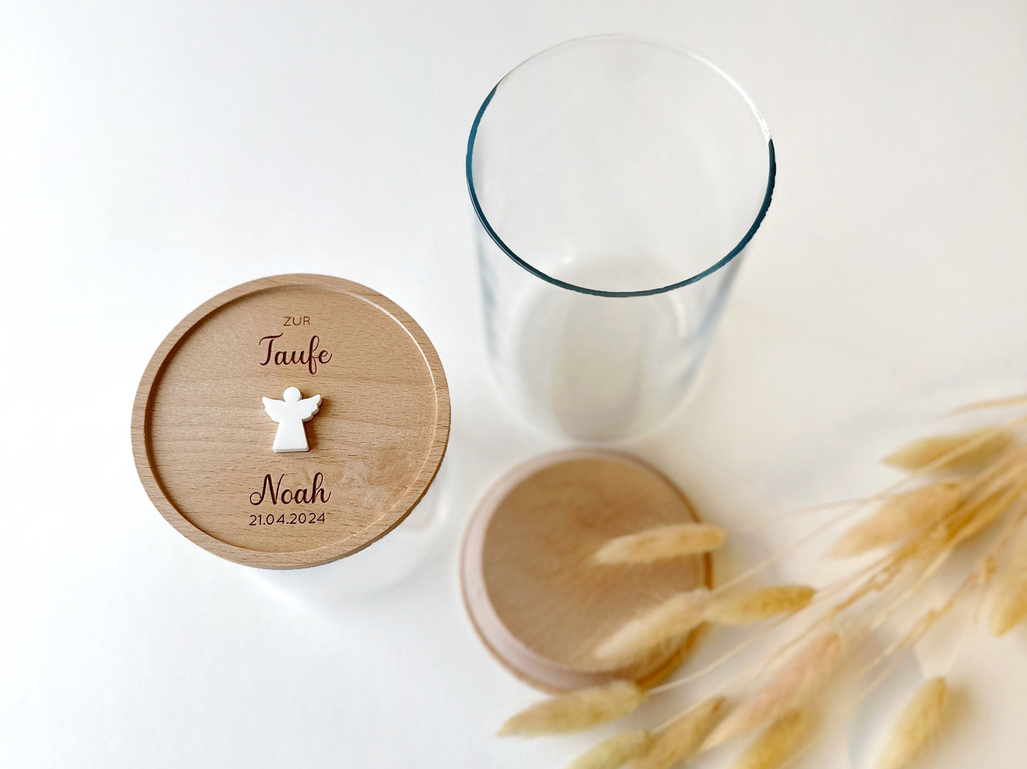 Vorratsglas mit Holzdeckel "Zur Taufe" / "Zur Kommunion" mit Wunschname + Datum und 3D-Symbol Holzdeckel aus Buchenholz | Keksdose Geschenk