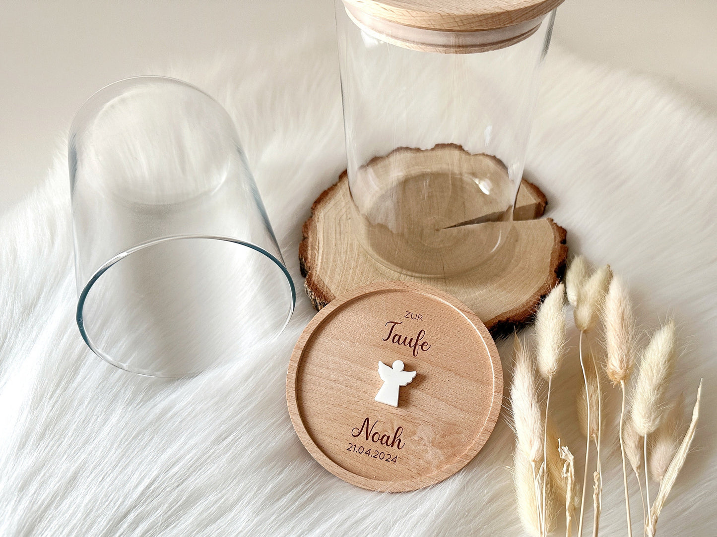 Vorratsglas mit Holzdeckel "Zur Taufe" / "Zur Kommunion" mit Wunschname + Datum und 3D-Symbol Holzdeckel aus Buchenholz | Keksdose Geschenk