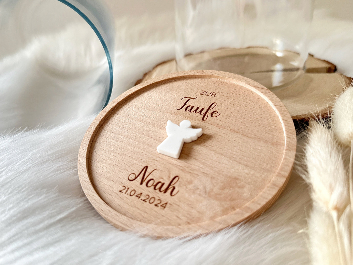 Vorratsglas mit Holzdeckel "Zur Taufe" / "Zur Kommunion" mit Wunschname + Datum und 3D-Symbol Holzdeckel aus Buchenholz | Keksdose Geschenk