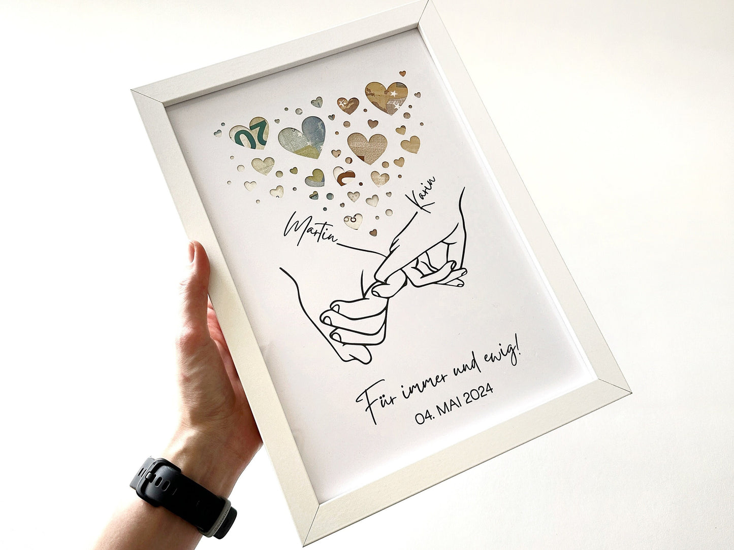 Hochzeit Geldgeschenk Hände - Freundschaft Verbundenheit | A4-Passepartout mit / ohne Bilderrahmen Hochzeitsgeschenk Geschenkidee Geldschein