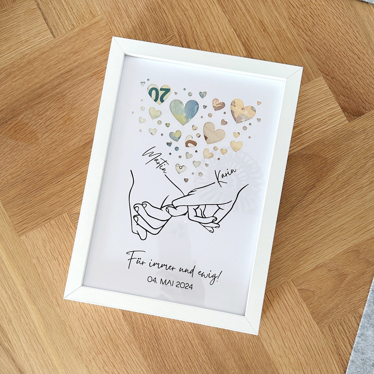 Hochzeit Geldgeschenk Hände - Freundschaft Verbundenheit | A4-Passepartout mit / ohne Bilderrahmen Hochzeitsgeschenk Geschenkidee Geldschein