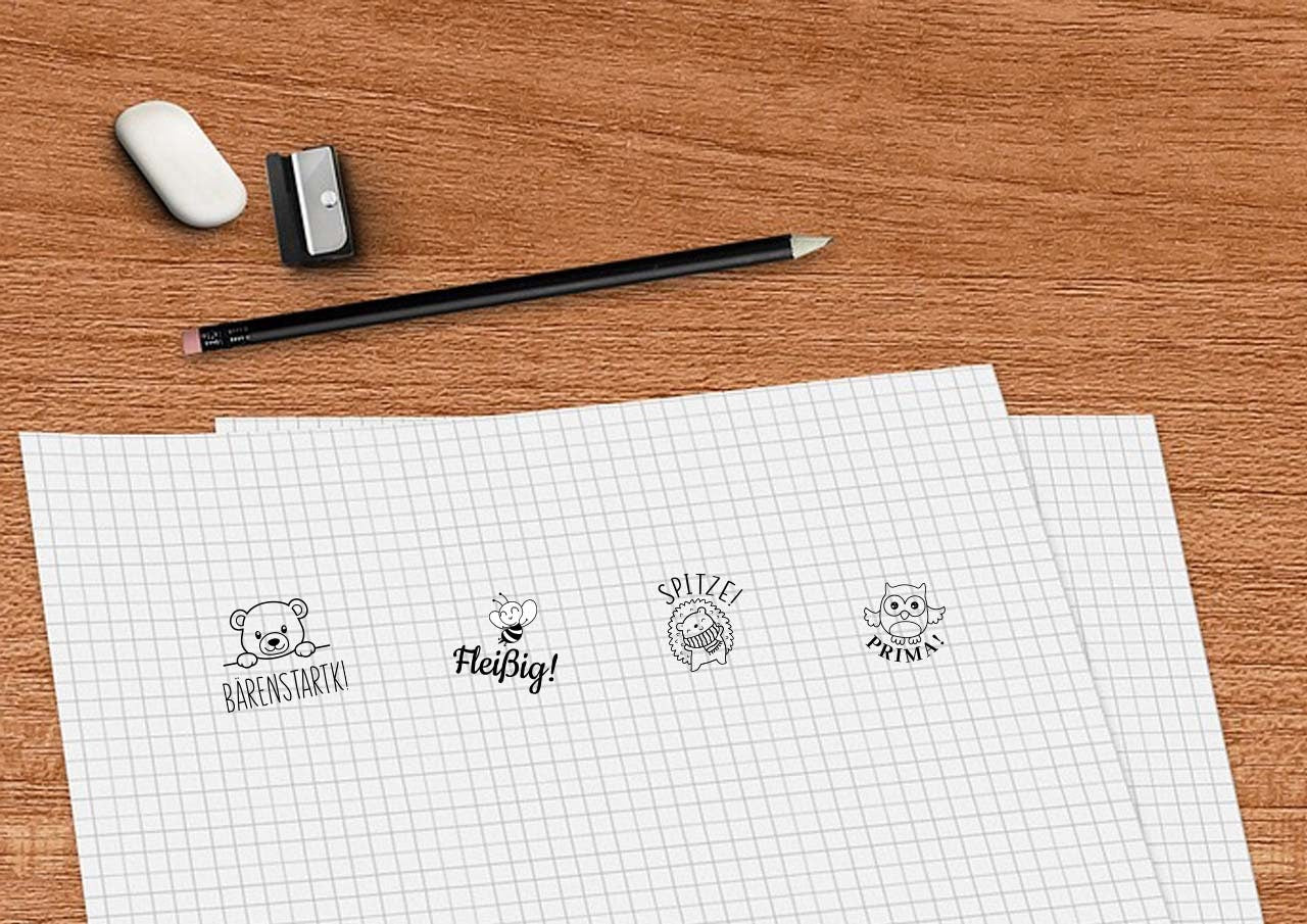 Lob-Stempel Grundschule | Holzstempel 20x30mm | Automatikstempel 20x20mm | Lehrerstempel | Eule Prima - Igel spitze - Biene fleißig - saugut