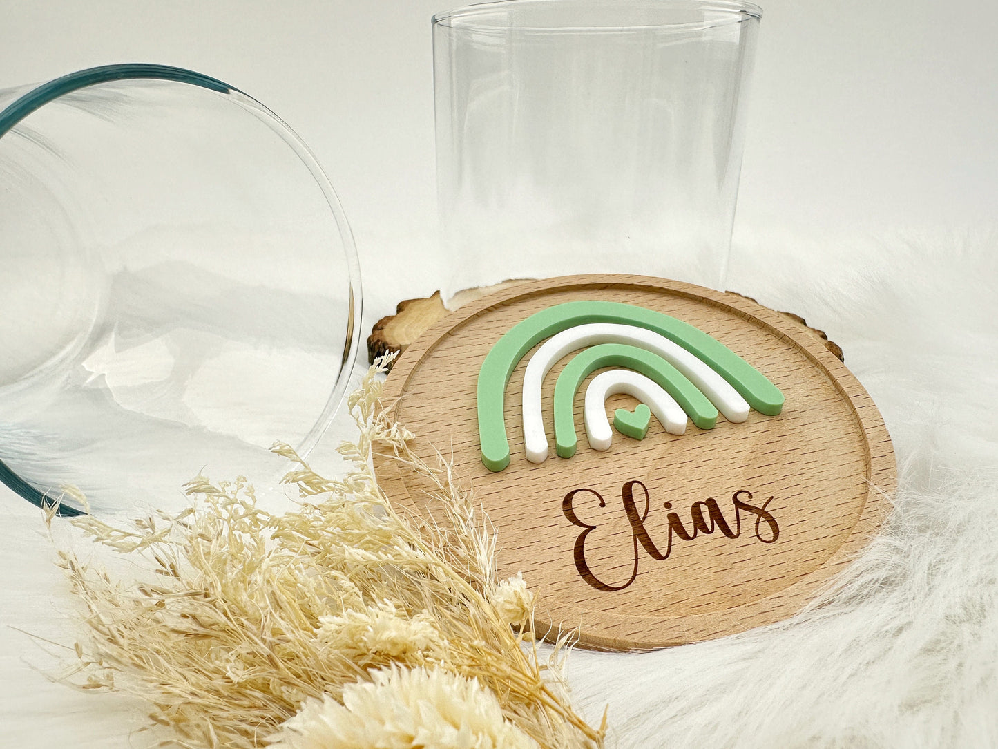 Vorratsglas mit Holzdeckel "3D-Regenbogen" mit Wunschname | Acryl rosa blau grün | Holzdeckel aus Buchenholz | Keksglas Geschenkidee Kinder