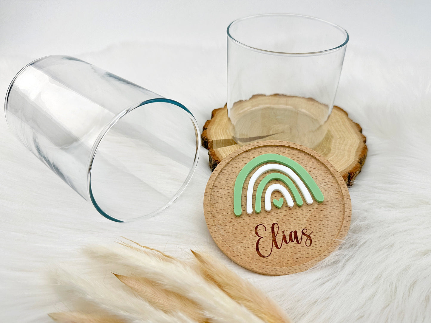 Vorratsglas mit Holzdeckel "3D-Regenbogen" mit Wunschname | Acryl rosa blau grün | Holzdeckel aus Buchenholz | Keksglas Geschenkidee Kinder