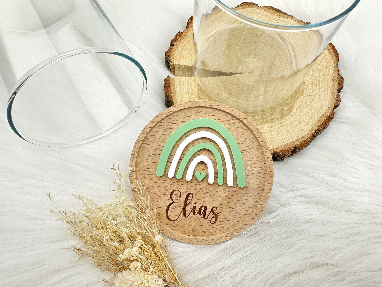 Vorratsglas mit Holzdeckel "3D-Regenbogen" mit Wunschname | Acryl rosa blau grün | Holzdeckel aus Buchenholz | Keksglas Geschenkidee Kinder