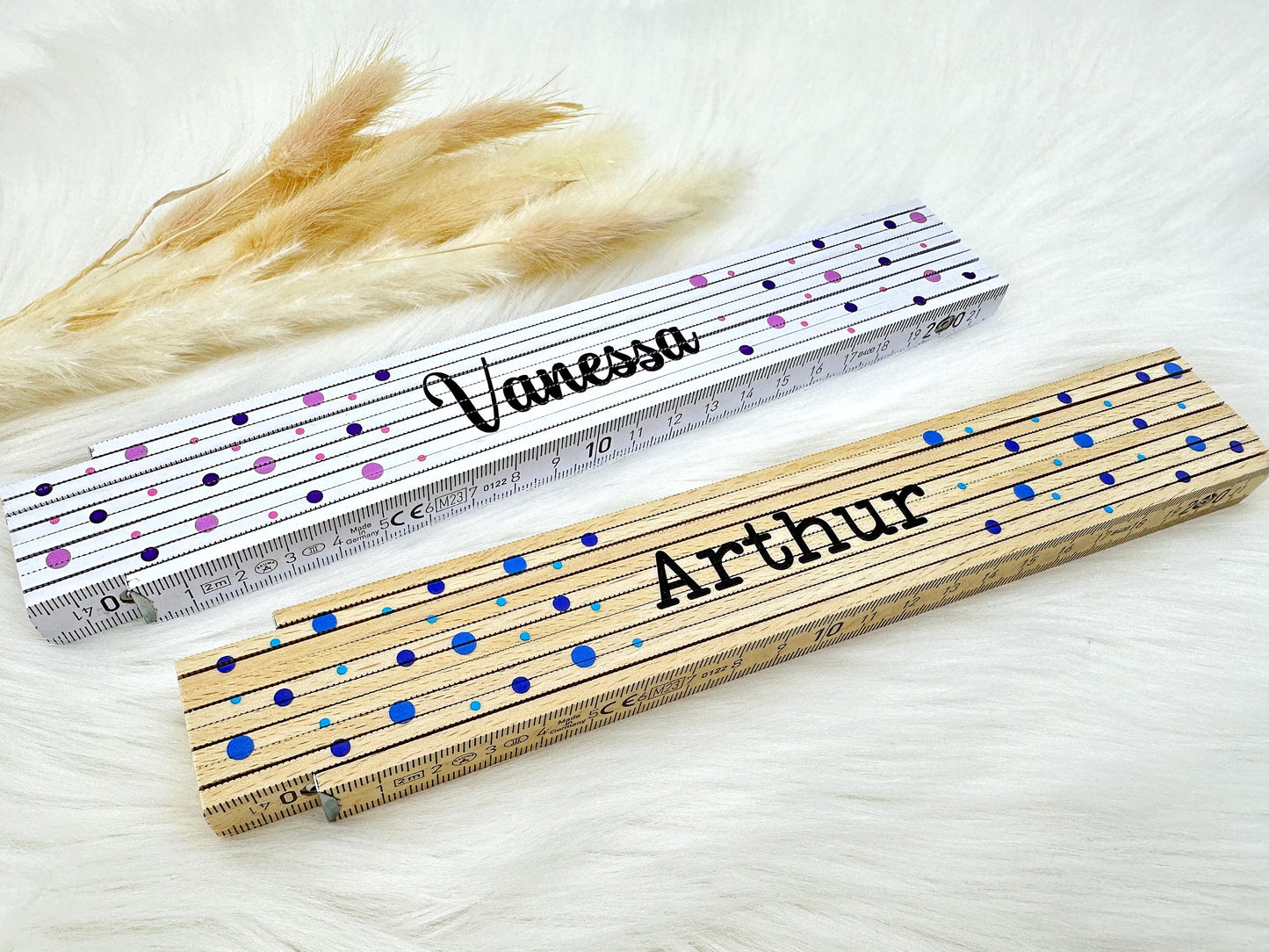 Kinder Meterstab bunte Punkte - Personalisiert | 5 Farbmotive | Mini-Handwerker | Kleiner Helfer | bedruckter Zollstock | 2 Meter | Kreis