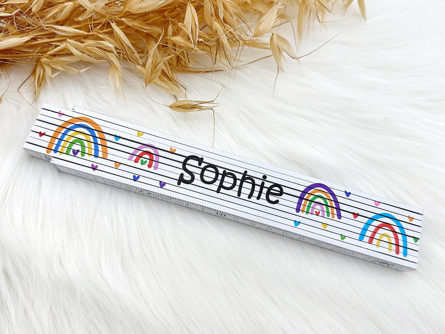 Kinder Meterstab Regenbogen - Personalisiert | 5 Farbmotive mit Herzen | Mini-Handwerker | Kleiner Helfer | bedruckter Zollstock | 2 Meter