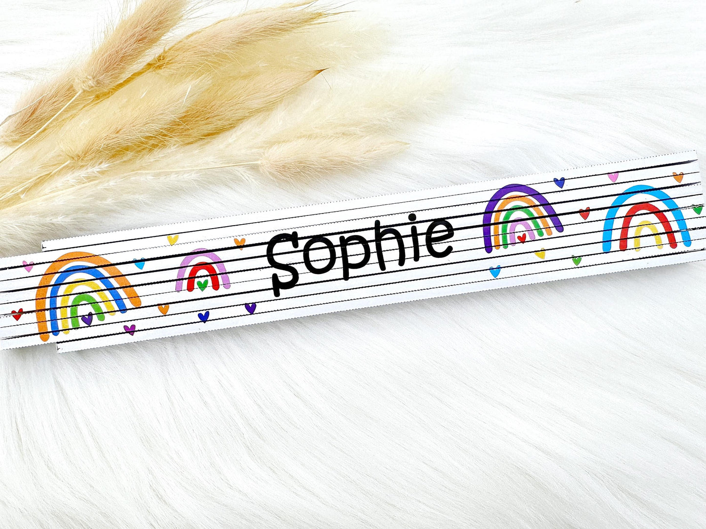 Kinder Meterstab Regenbogen - Personalisiert | 5 Farbmotive mit Herzen | Mini-Handwerker | Kleiner Helfer | bedruckter Zollstock | 2 Meter