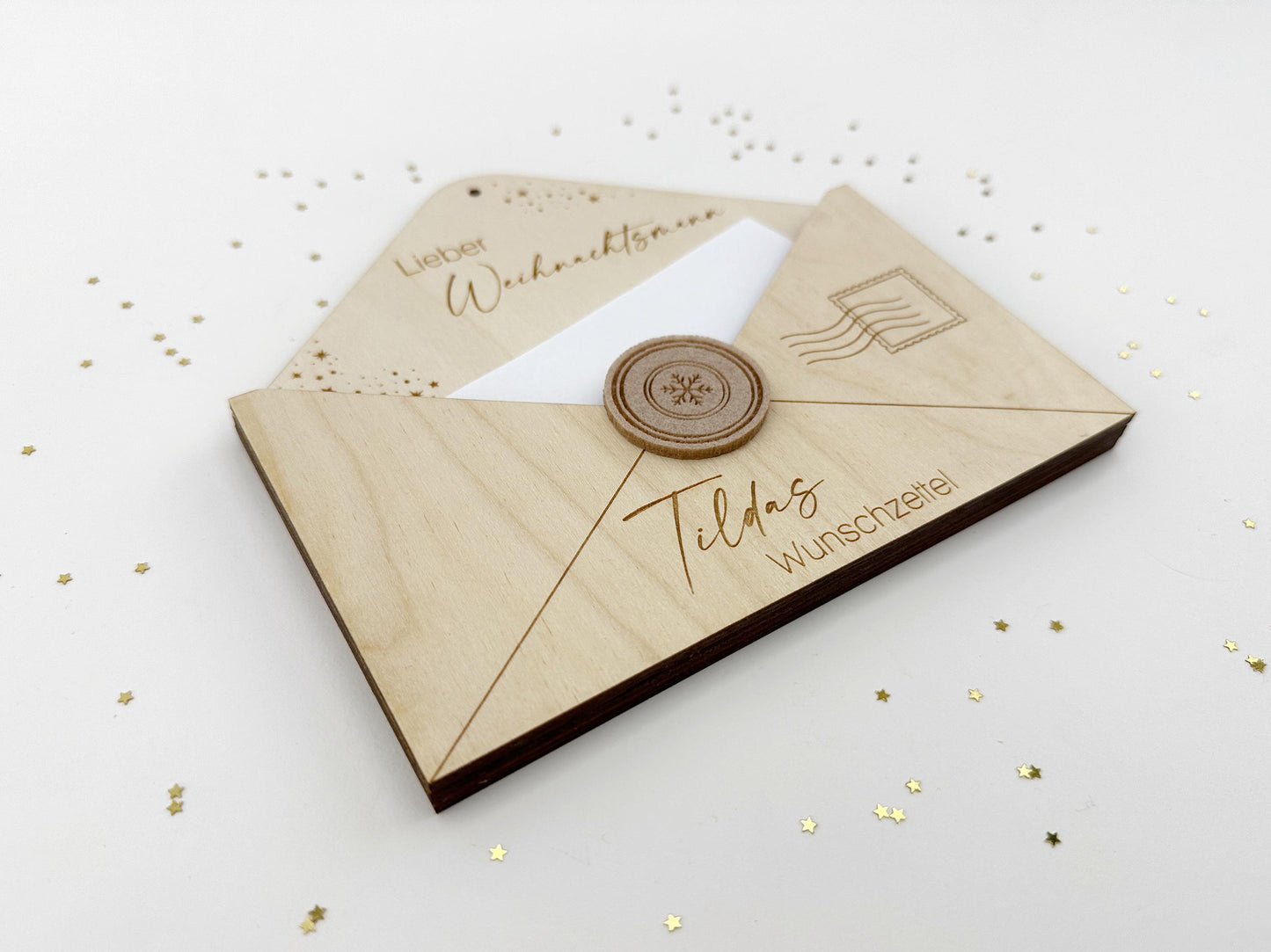 Personalisierbarer Briefumschlag aus Holz, Weihnachtsgeschenke Wünsche, Wunschliste Geschenke, Holzbrief Adventskalender