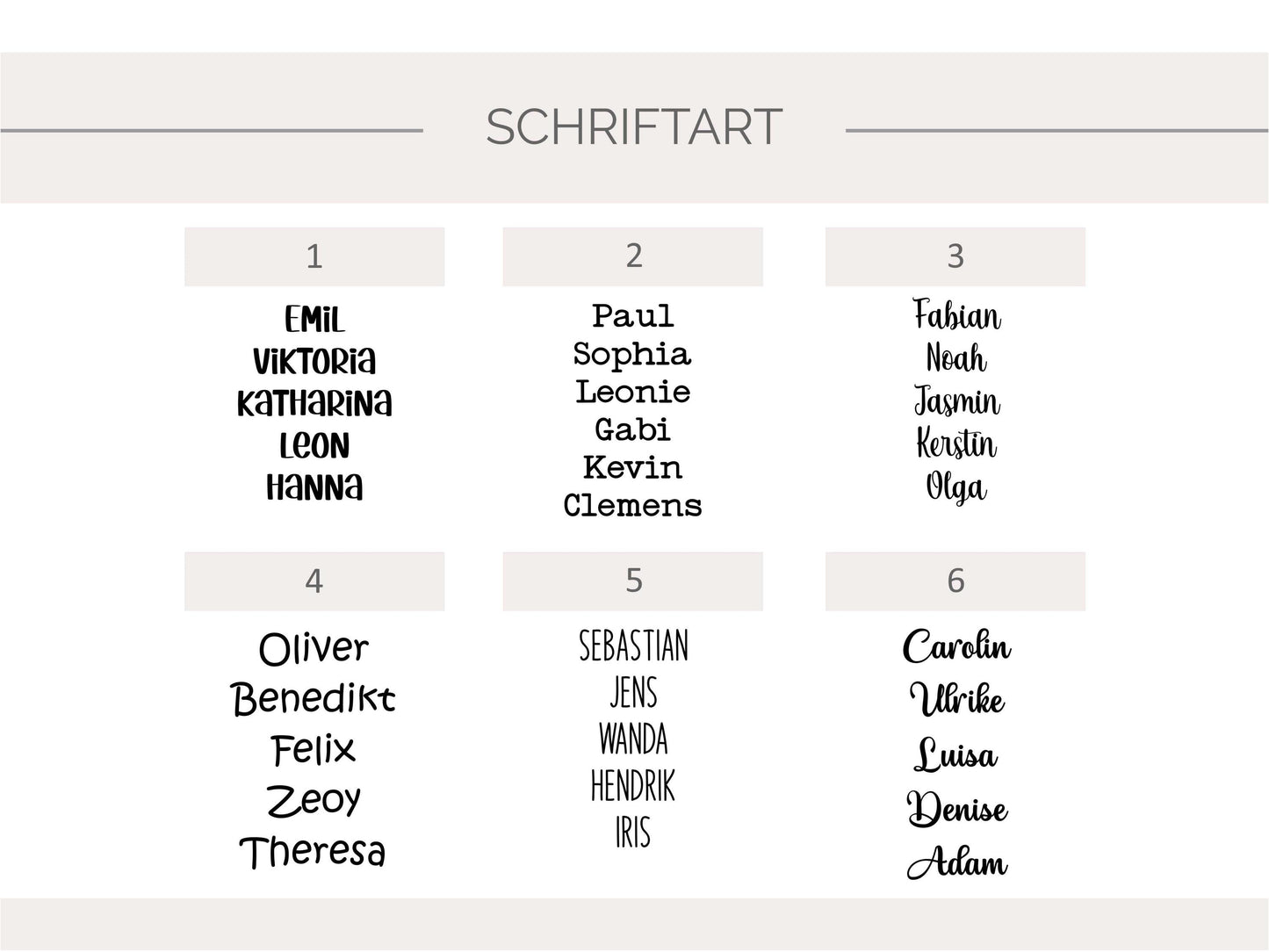 Schriftart Auswahl für die Personalisierung Name