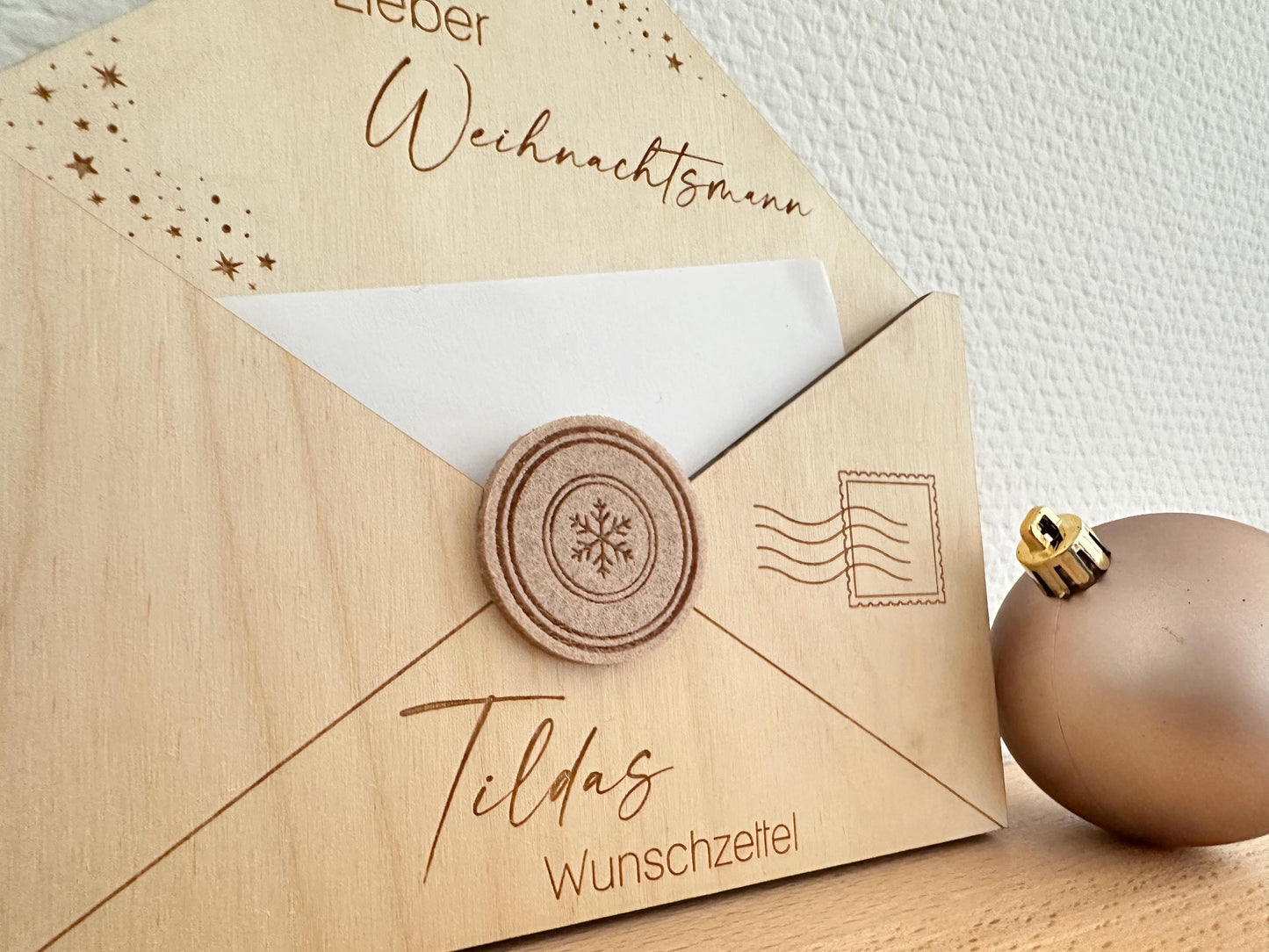 Nordpol-Siegel aus Filz, Brief mit Wunschliste: Lieber Weihnachtsmann / Liebes Christkind Wünsche, Tildas Wunschzettel, Brief mit Gravur