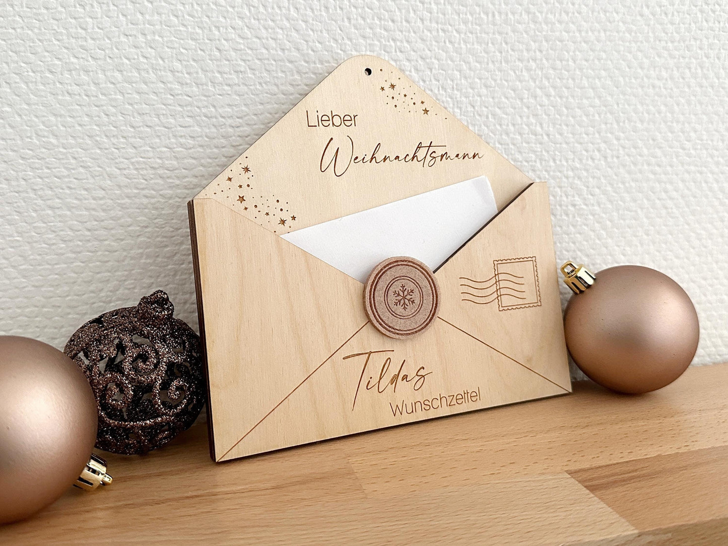 Briefumschlag aus Holz, Wunschzettel an den Weihnachtsmann, Wunschliste an das Christkind Weihnachten Advent Geschenkidee