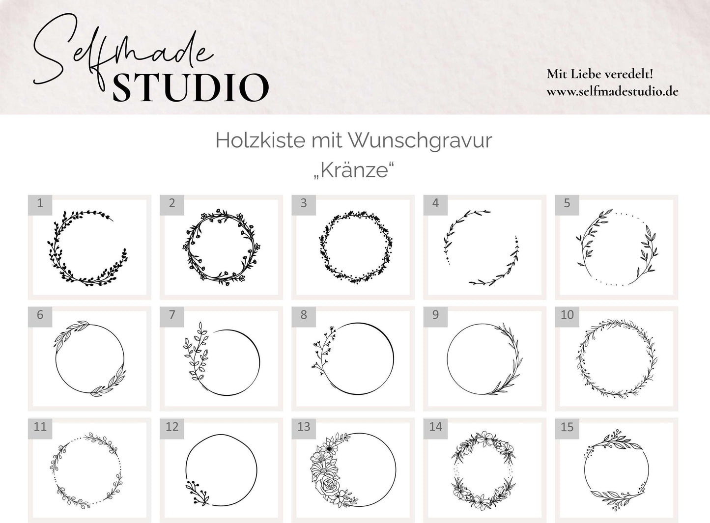 Oben links: SelfmadeStudio. Holzkiste mit Wunschgravur"Kränze". Es stehen 15 Designs zur Auswahl. Personalisierte Geschenke für Babys und Erinnerungen aufbewahren. Auch die Truhe aus Holz ist bestens für die Gravur und den 3D Namen geeignet.