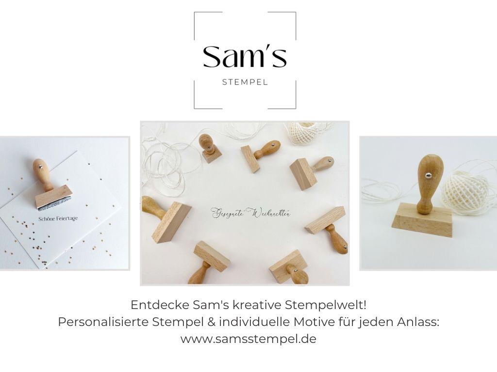 Logo: Sam´s Stempel. Bilderreihe mit rechteckigen Stempeln. Schöne Feiertage, gesegnete Weihnachten und unterschiedliche Größen. Personalisierte Stempel und individuelle Motive für jeden Anlass www.samsstempel.de