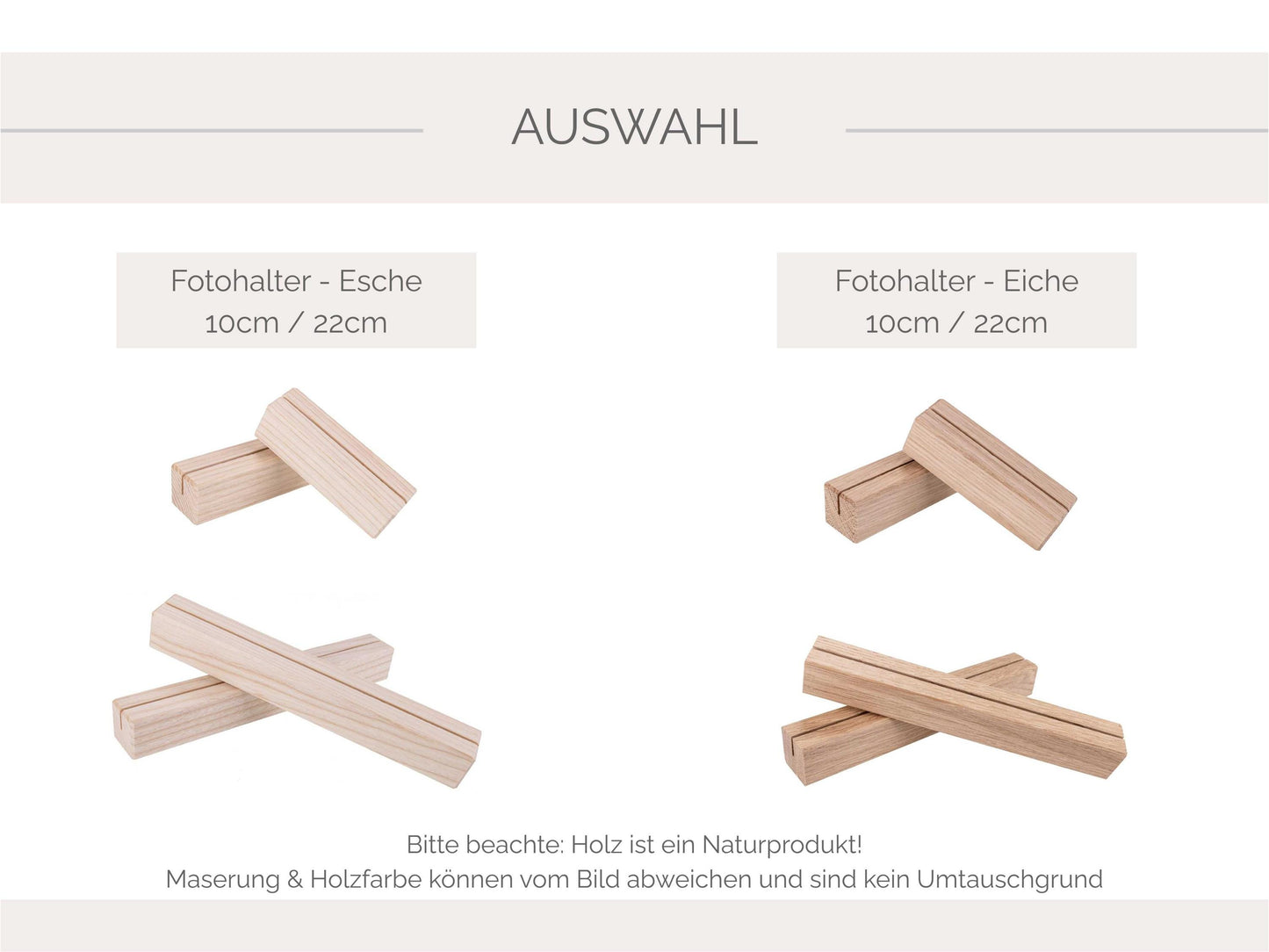 Auswahl holzart Bilderhalter Esche Eiche 10cm 22cm Länge Holz mit Schlitz für Fotos