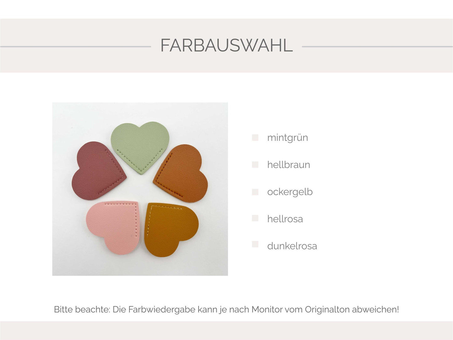 Lesezeichen Farbauswahl: Lederherzen im Kreis gelegt: mintgrün, hellbraun, ockergelb, hellrosa, dunkelrosa
