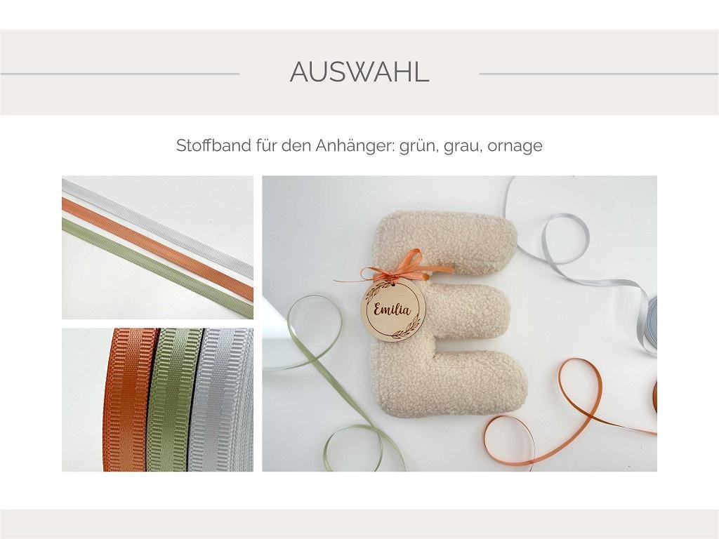 Kombination aus Kissen & Anhänger – Geschenkidee zur Einschulung. Detailaufnahme: Schleifenband in Grau, Grün oder Orange am Anhänger