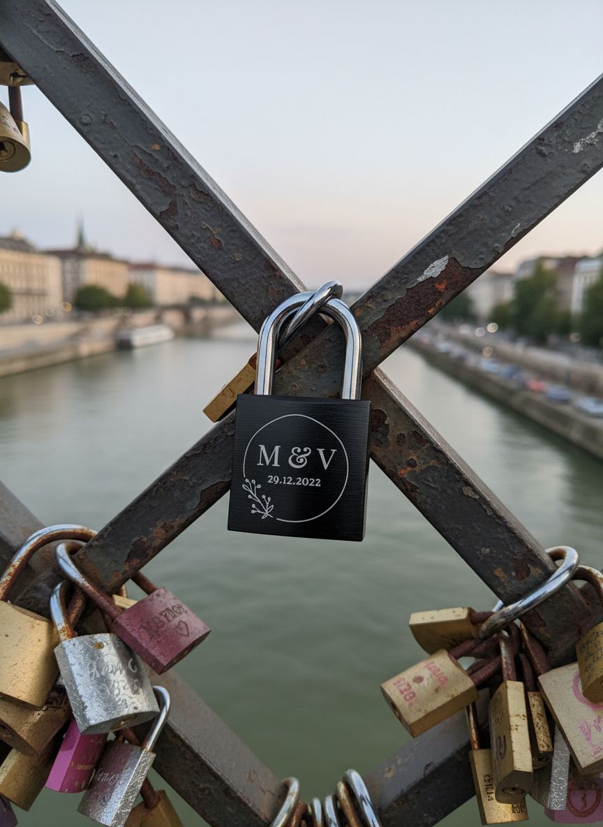 Liebesschloss mit Kranz Gravur | Partnerschloss | Vorhängeschloss Rot/Schwarz | personalisiertes Geschenk für Valentinstag Hochzeit Köln - SelfmadeStudio