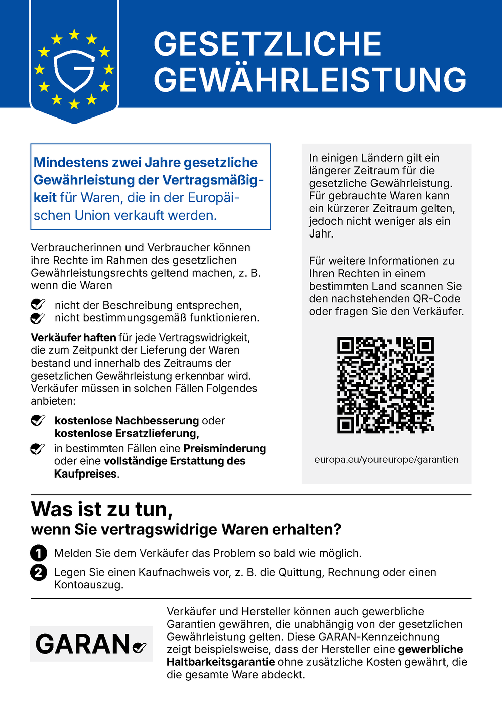 Gesetzliche Gewährleistung: Mindestens zwei Jahre gesetzliche Gewährleistung der Vertragsmäßigkeit für Waren, die in der Europäischen Union verkauft werden (EU-Hinweis)