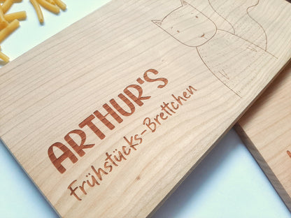 Frühstücksbrettchen Tier-Motiv mit Namen / Spruch, Vesperbrettchen für Kinder personalisiert, Buchenholz Buche, Ahornbrett Ahorn Frühstück