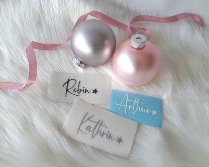 Wunschname mit Herz / Stern Aufkleber für Weihnachtskugel! Personalisierter Schriftzug zum selbst aufkleben, Baumschmuck für Weihnachten