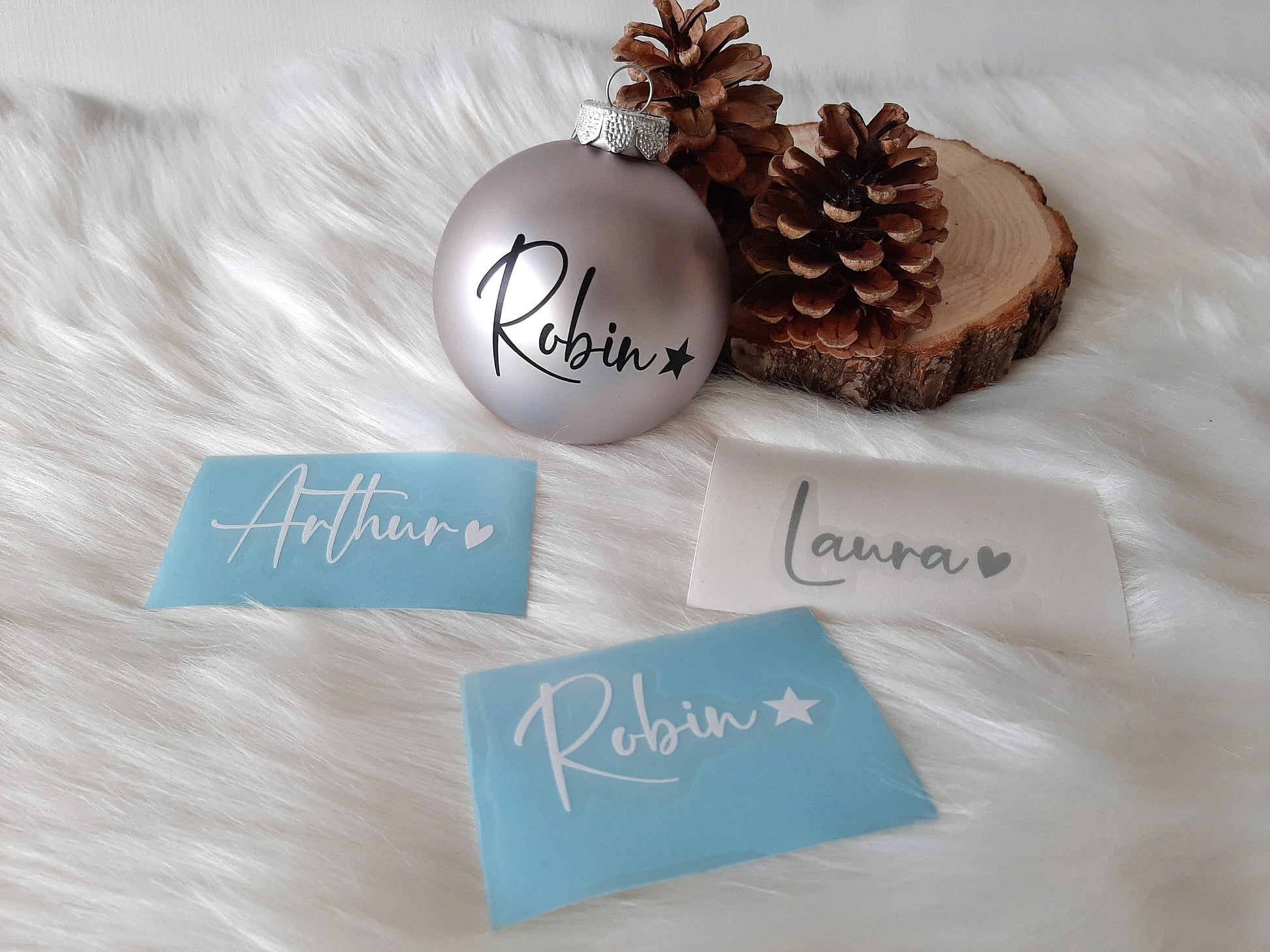 Wunschname mit Herz / Stern Aufkleber für Weihnachtskugel! Personalisierter Schriftzug zum selbst aufkleben, Baumschmuck für Weihnachten