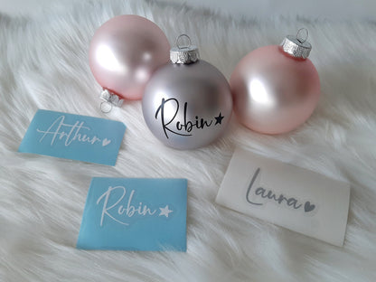 Wunschname mit Herz / Stern Aufkleber für Weihnachtskugel! Personalisierter Schriftzug zum selbst aufkleben, Baumschmuck für Weihnachten