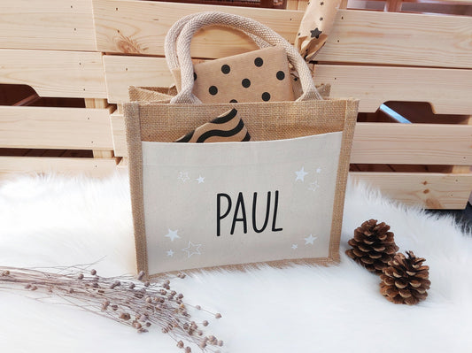 Advents Jutetasche mit Namen verschiedene Designs, Personalisierte Jute-Tasche zu Weihnachten, Jutebeutel für Geschenke, Nikolaus Tasche