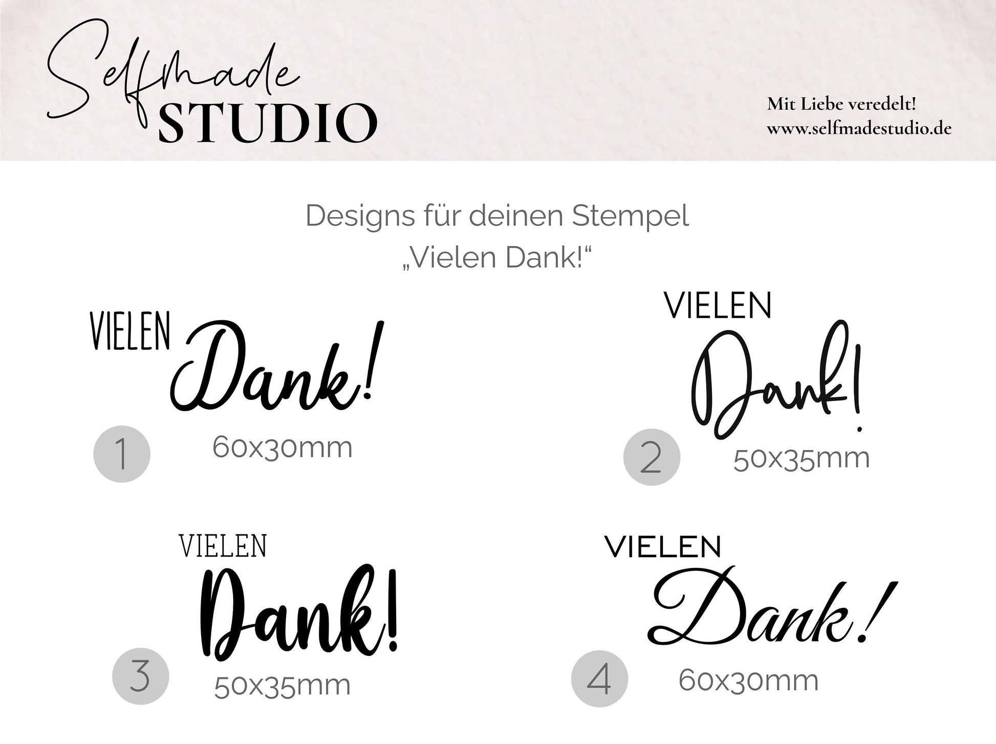 Vielen Dank! | 60 x 30 mm | 50 x 35 mm | Hochzeitsstempel | Dankeschön Gummi Stempel | Gast Geschenk | 4 Design zur Auswahl | Rechteckig