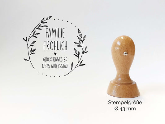 Adressstempel - Fröhlich | Floral - Zweige Motiv | personalisierter Familienstempel | Holzstempel mit Wunschadresse | Stempel Rund 43mm/60mm