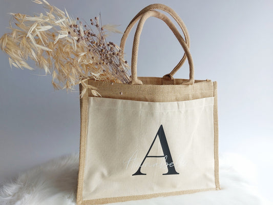 Personalisierte Jutetasche Initial & Name | Einkaufstasche mit Wunschname und Initial | Jutetasche | Baumwolltasche | Shopper Einkaufstasche - SelfmadeStudio