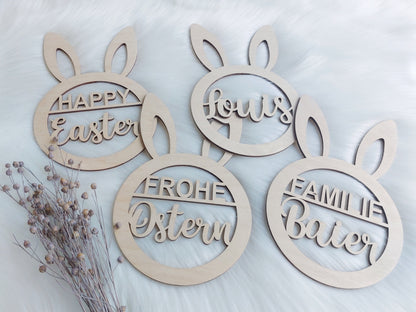 Frohe Ostern Holzring 15/20cm | Familen Türschild | Schild mit Name | Happy Easter Ring| Kinder Osterhase | Holz Osterkranz | Tür Dekoration