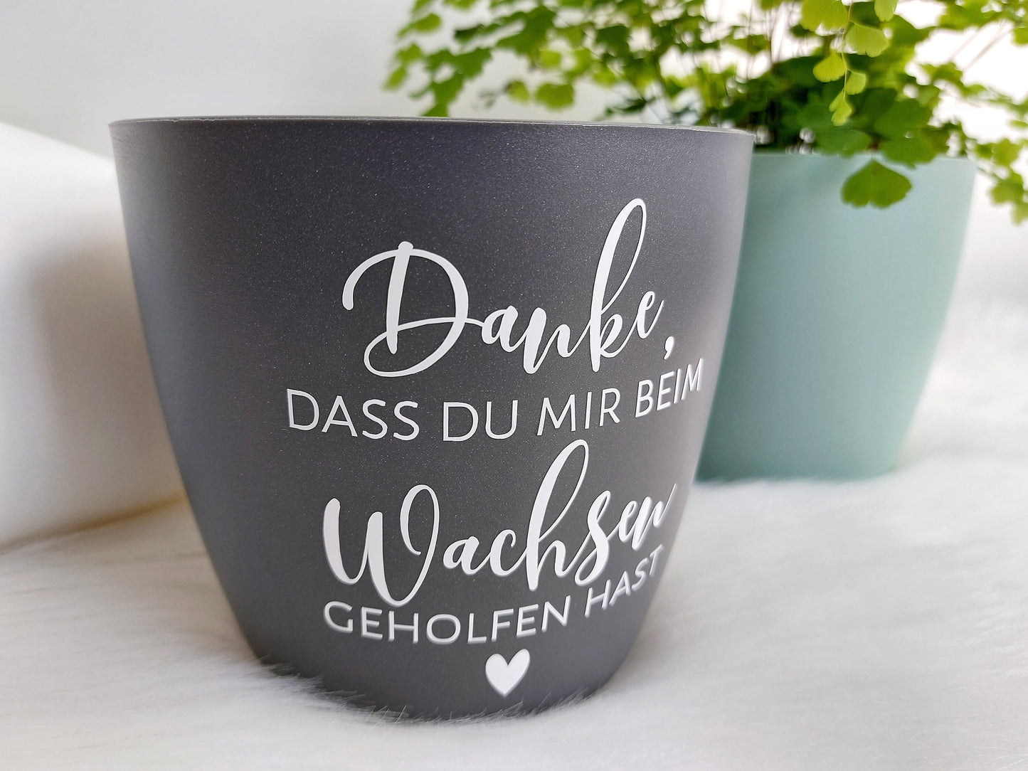 Blumenübertopf Wachsen | "Danke, dass du mir beim Wachsen geholfen hast" | Kunststoff-Blumentopf: Weiß, Anthrazit, Mint - SelfmadeStudio