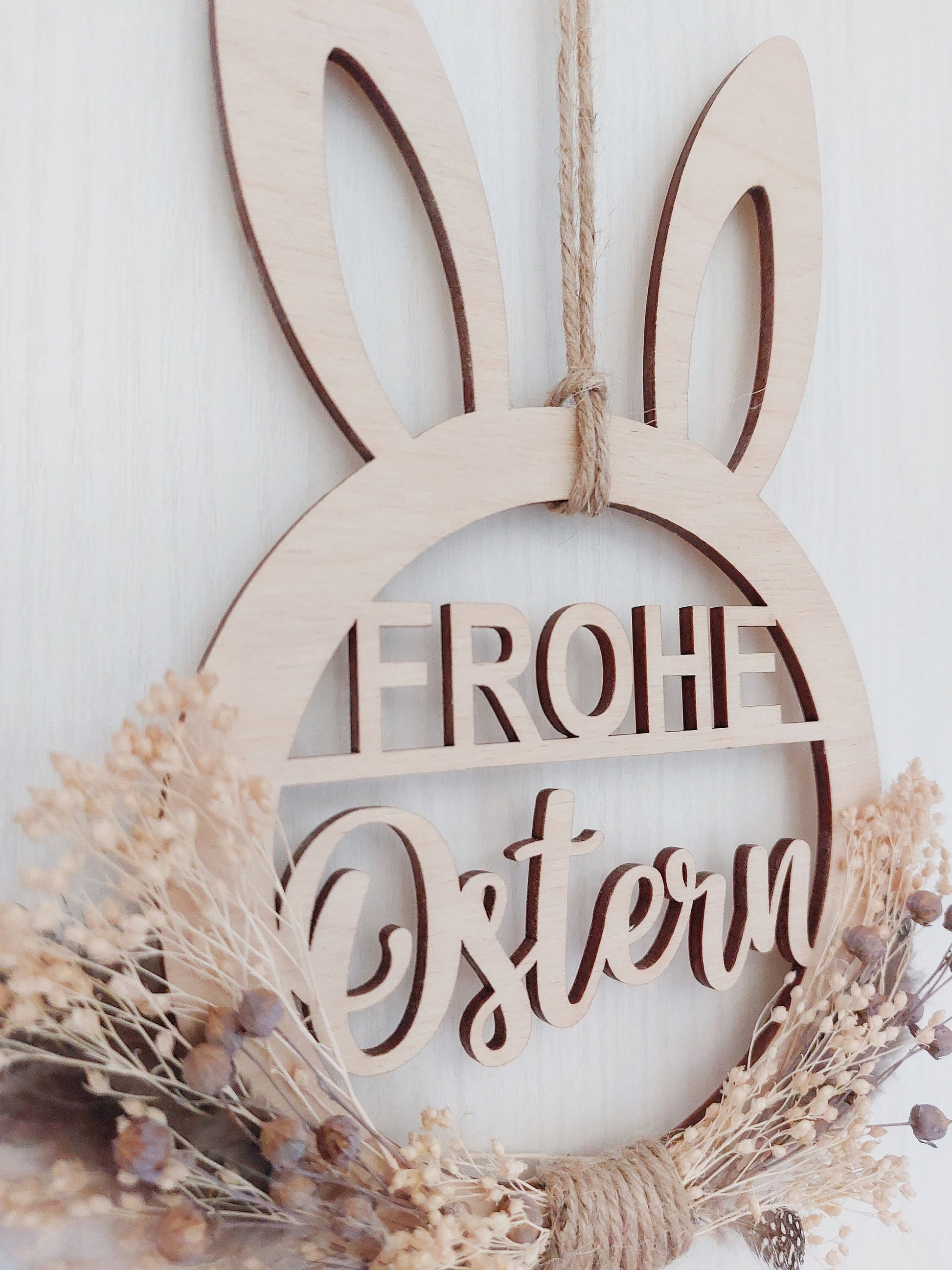 Frohe Ostern Holzring 15/20cm | Familen Türschild | Schild mit Name | Happy Easter Ring| Kinder Osterhase | Holz Osterkranz | Tür Dekoration