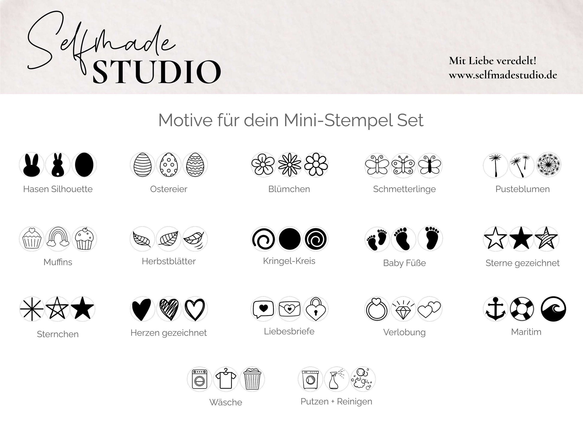 Ministempelset alle Motive | 3 Stempel mit 12mm Durchmesser | Muffins, Baby-Füße, Kringel-Kreise, Verlobung, Pusteblume, Blümchen, Oster