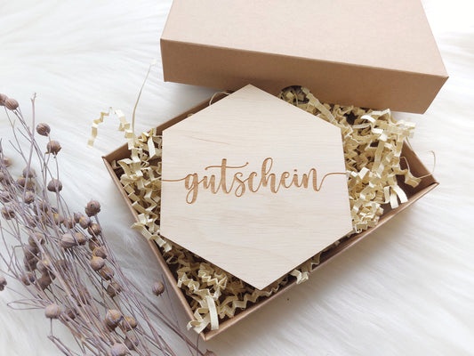 Holz Gutschein zum selbstbeschriften mit Geschenkbox | Geschenkgutschein mit Box | Personalisierte Geschenkbox | Herz | Stern | Kreis