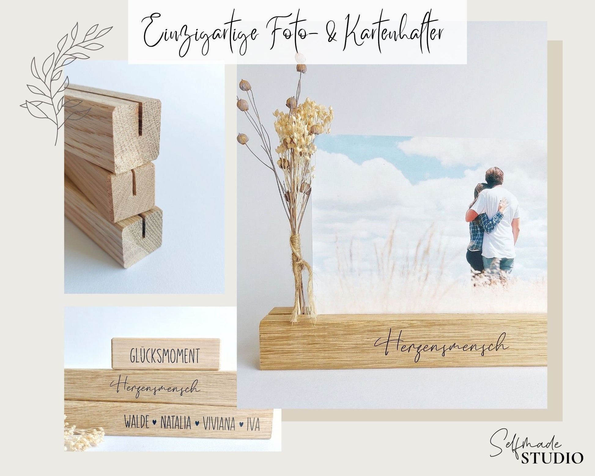 Fotohalter mit Aufdruck | Kartenhalter für Erinnerungsfotos | Tischaufsteller für Postkarten & Bilder Bilderhalter | Fotoleiste | 10cm 22cm - Eiche