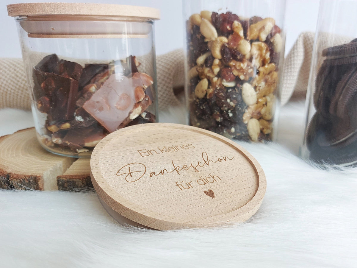 Vorratsglas - Ein kleines Dankeschön für dich / euch | Holzdeckel aus Buche | Gravur mit Personalisierung - S