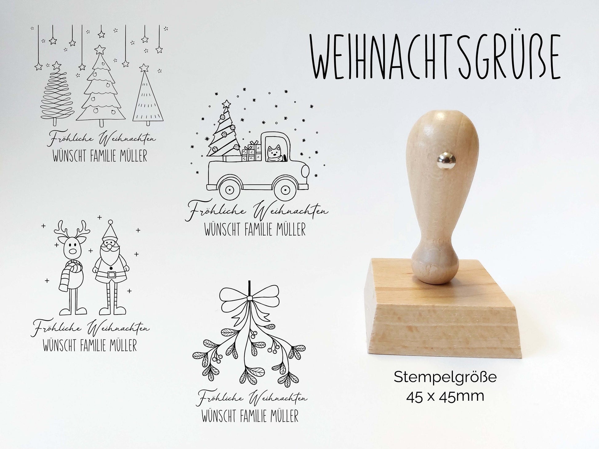 Frohe Weihnachten Stempel | Weihnachtsgrüß mit Name | Frohe Weihnachten wünscht Familie | Stempel mit Familienname | Holzstempel 45 x 45 mm