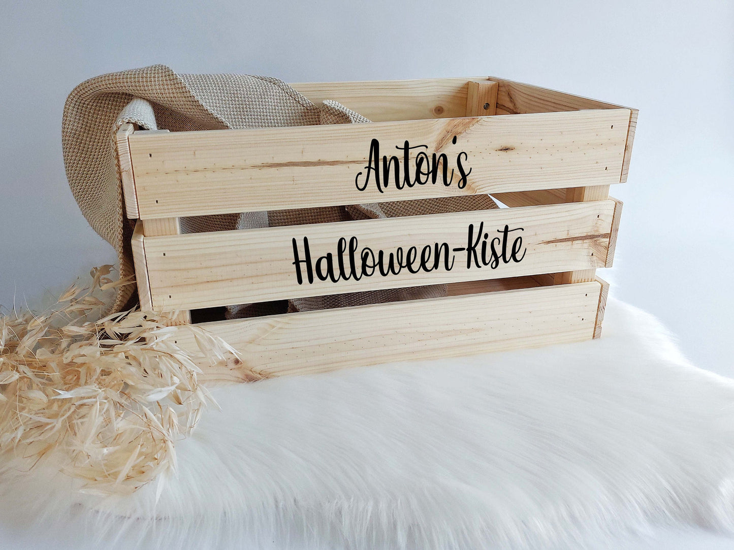 Halloween Kiste mit Namen zum selbst Befüllen | Halloween Süßigkeiten | Trik or Tread | personalisierte Aufkleber für Holz Kiste