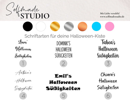 Halloween Kiste mit Namen zum selbst Befüllen | Halloween Süßigkeiten | Trik or Tread | personalisierte Aufkleber für Holz Kiste