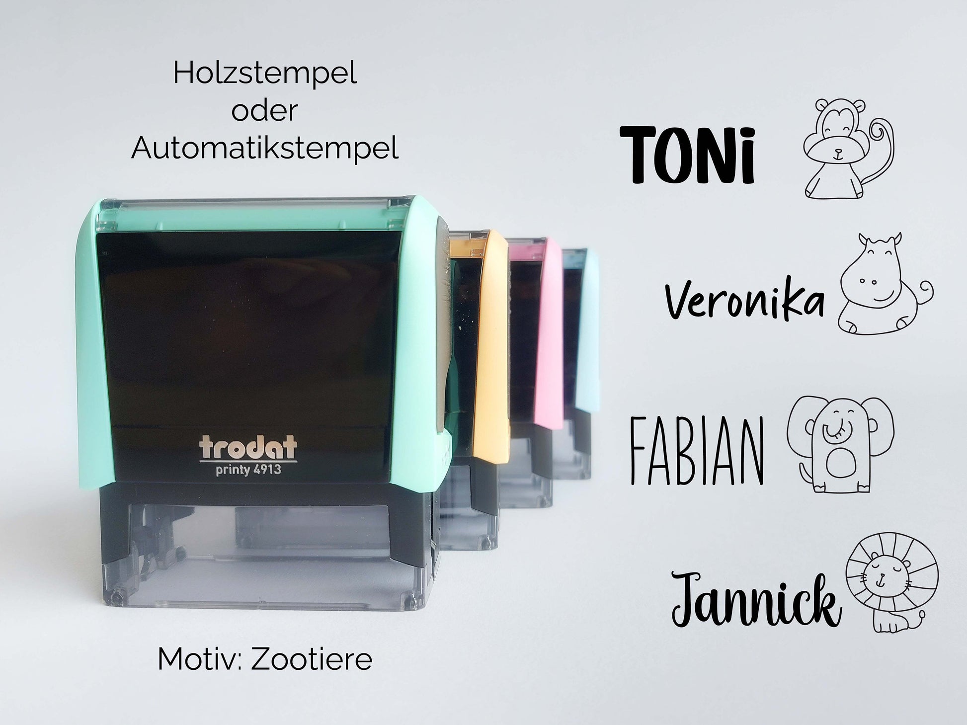 Zootiere Stempel + Name | Automatikstempel | personalisierter Namenstempel | Selbstfärbend Rechteckig 58x22 mm | Pastell | Affe Löwe Zoo