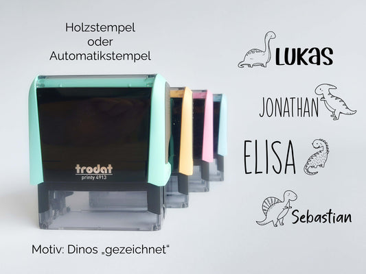 Dino gezeichnet Stempel + Name | Automatikstempel | personalisierter Dinosaurier Namenstempel | Selbstfärbend Rechteckig 58x22 mm | Pastell