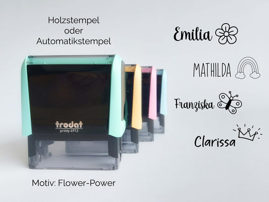 FlowerPower Stempel + Name | Automatikstempel | personalisierter Namenstempel | Selbstfärbend Rechtseckig 58x22 mm | Pastell | Regenbogen